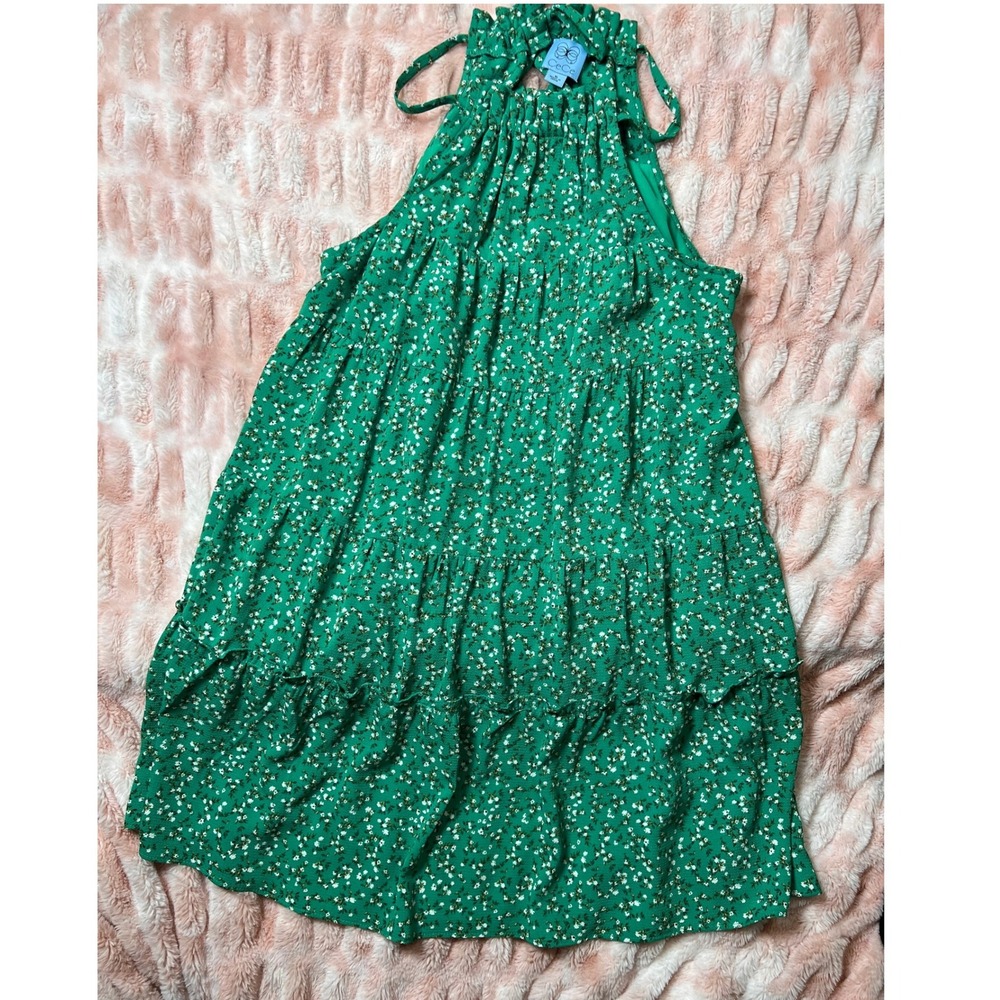 CeCe Green Floral Tiered Halter Dress Medium Ruffle Tie Neck